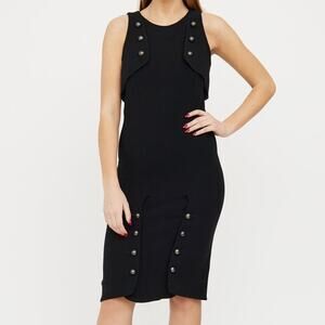 FENDI Black Wool Sleeveless Bronze Military Button Peplum Dress Size 42 Medium M